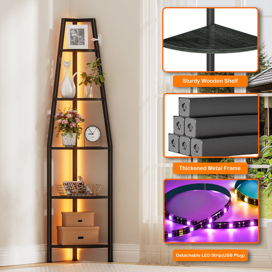 Satifur Corner Shelf Space Saving Freestanding Bookcase with LED Light Strip, Corner Bookshelf for Living Room Bedroom, Black