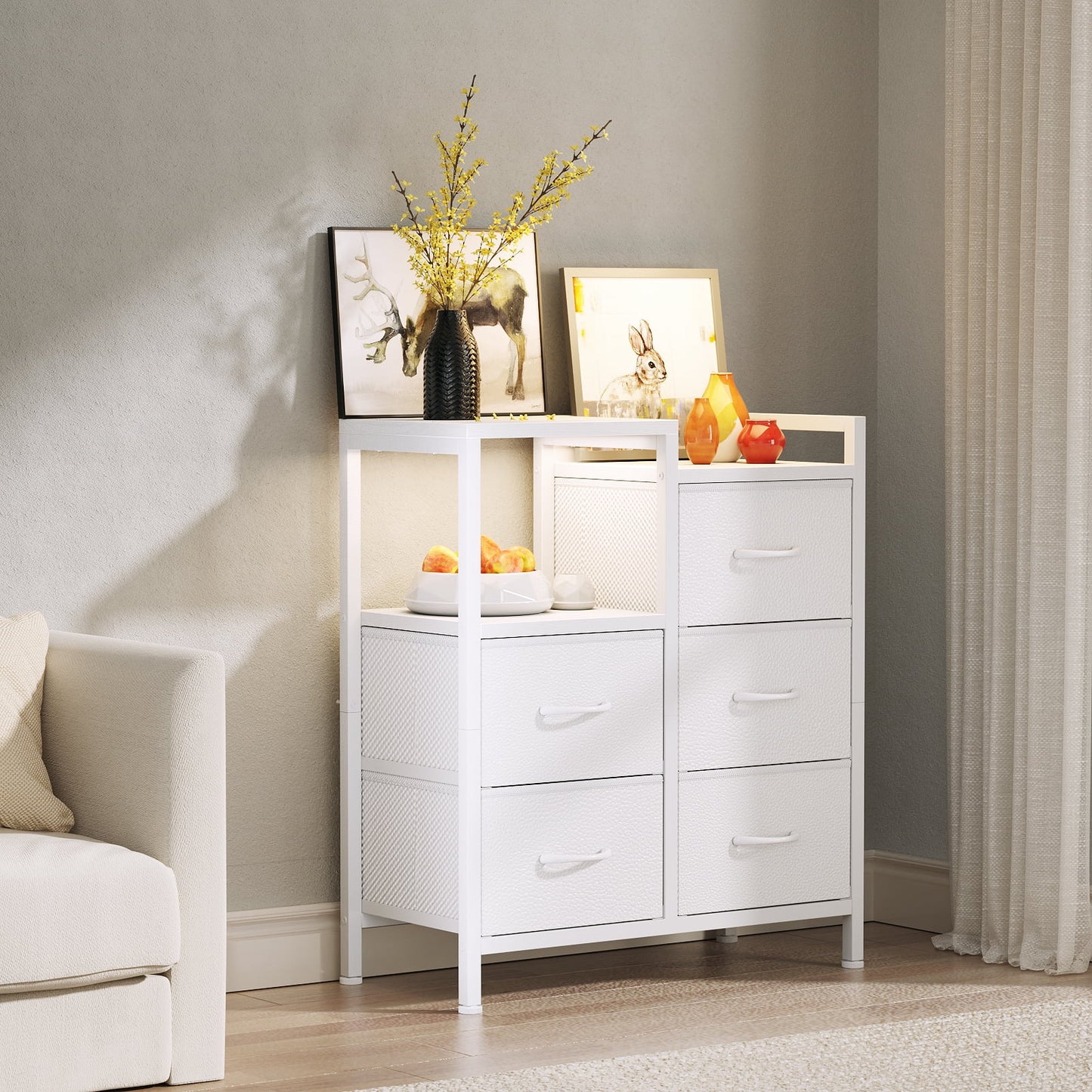 TYDIMOR 5 Drawer Fabric Dresser for Bedroom, White Chest for Closet & Living Room, Ideal for Adults