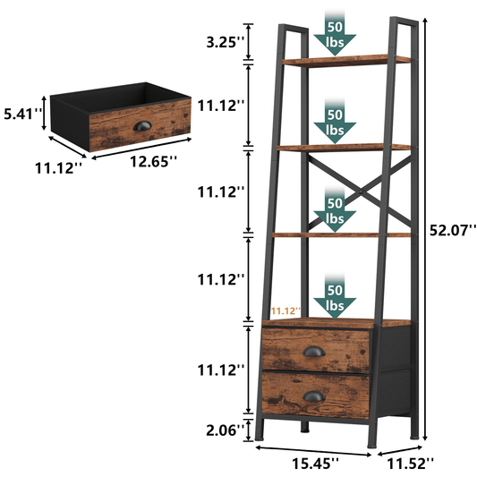 Tydimor 4-Tier 52"H Industrial Bookshelf with 2 Removable Drawers Narrow Bookcase for Living Room,Rustic Brown
