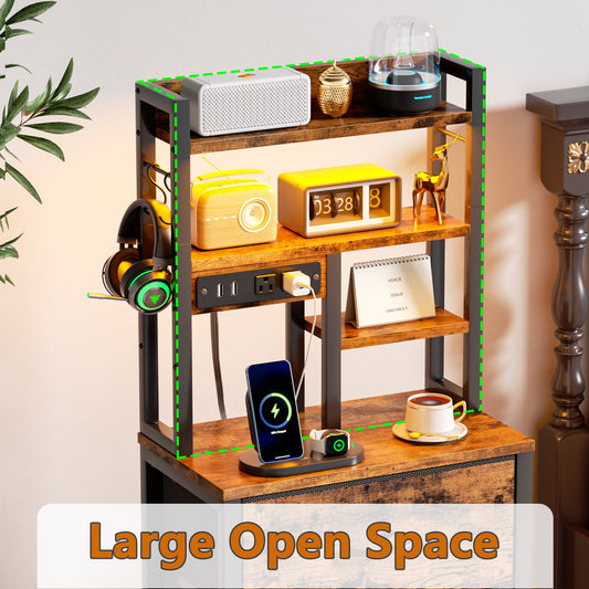 Satifur Tall Nightstand with Charging Station and LED Lights, Bedside Table with Drawers and Bookshelf, Rustic Brown