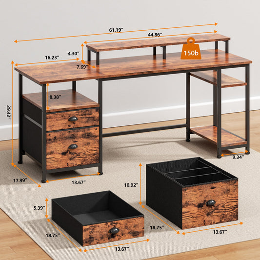 Satifur Desk with Power Outlet,Gaming Desk with LED Lights Fabric File Cabinet Gaming Desk with Outlets, Dual Monitor Stand, Adjustable Shelves, 61in, Rustic Brown