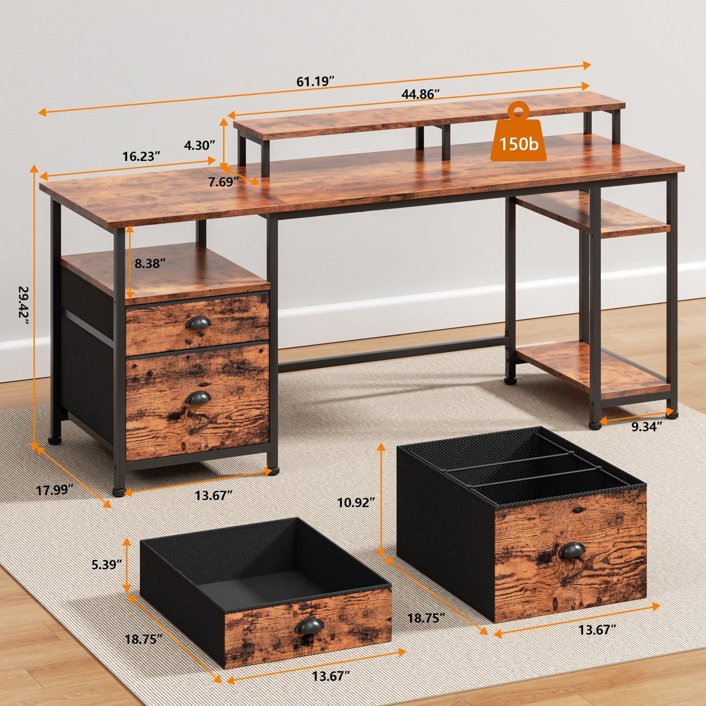 Satifur Computer Desk with Drawers & Monitor Stand, Office Desk for Dual Monitors, Adjustable Shelves, Rustic Brown