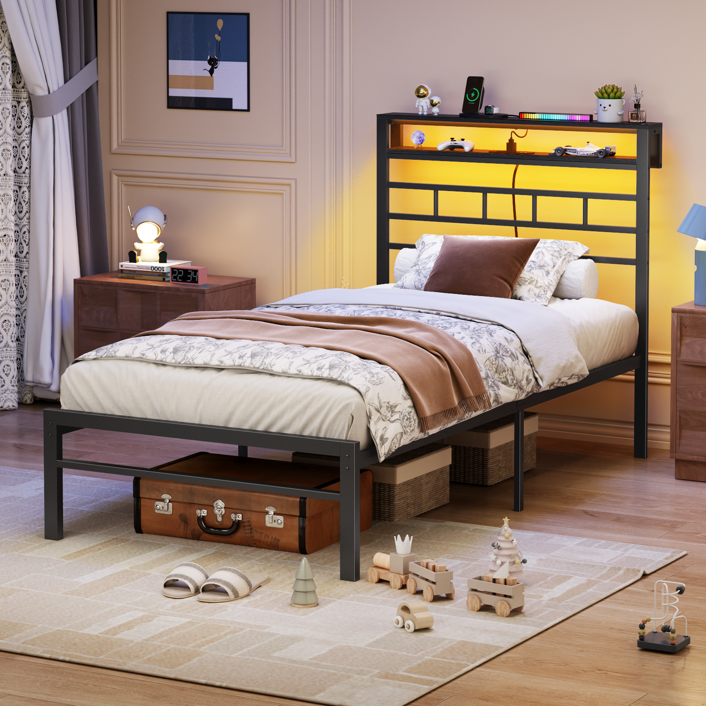 Satifur Twin Size Bed Frame with LED Storage Headboard Shelf, 43.14" High Metal Platform Bed, Black oack