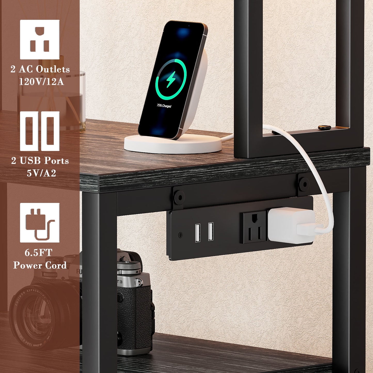 Satifur Tall Nightstand with Hutch, Charging Station, Pegboard & Drawers,Multifunctional Bedside Table with USB Ports, Black Oak