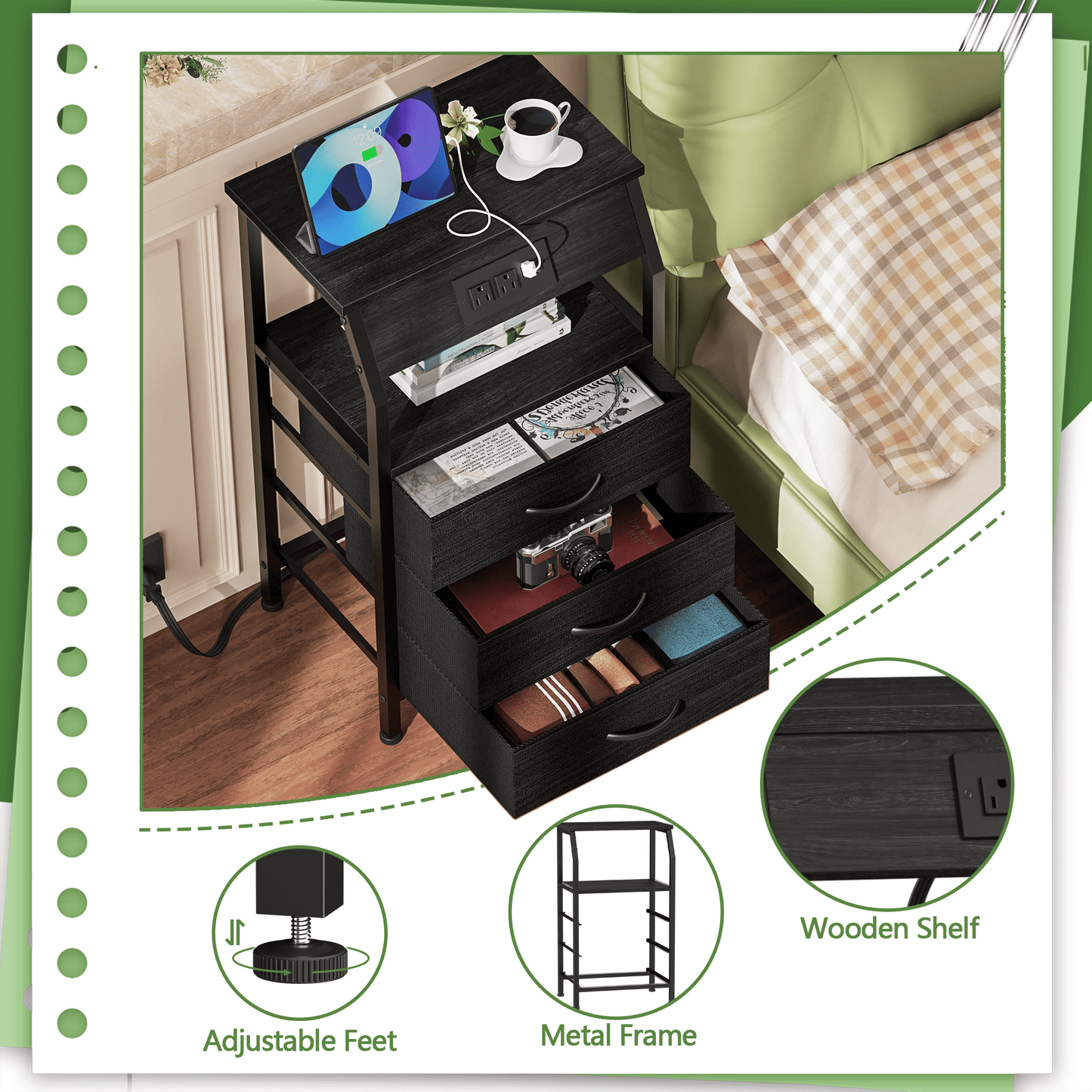 TYDIMOR Nightstand Bedside Table with Charger Station, 3 Drawer Dresser for Bedroom, Black, Adult