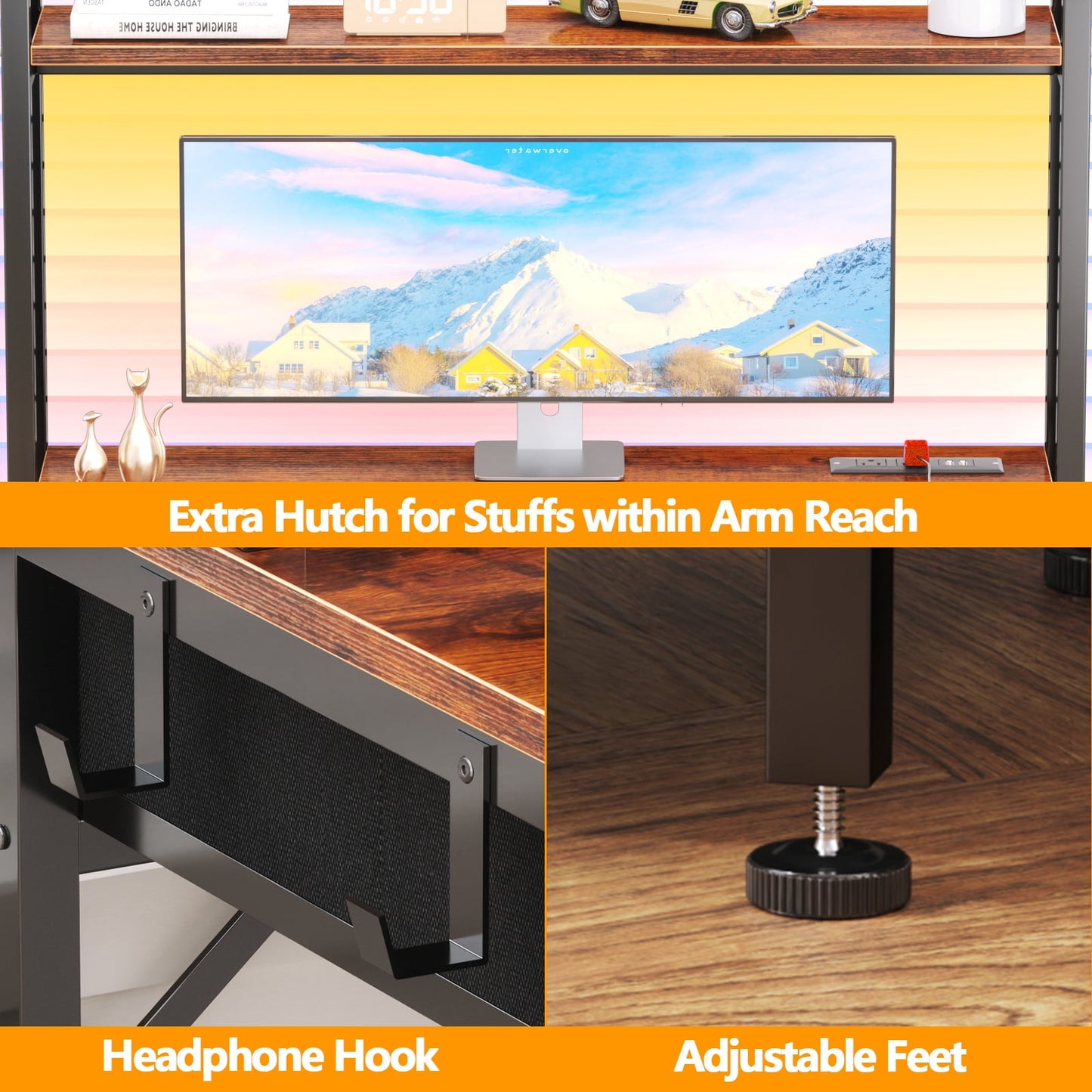Satifur Computer Desk with Charging Station & LED Lights, Gaming Desk with Drawers & Shelves, Rustic Brown