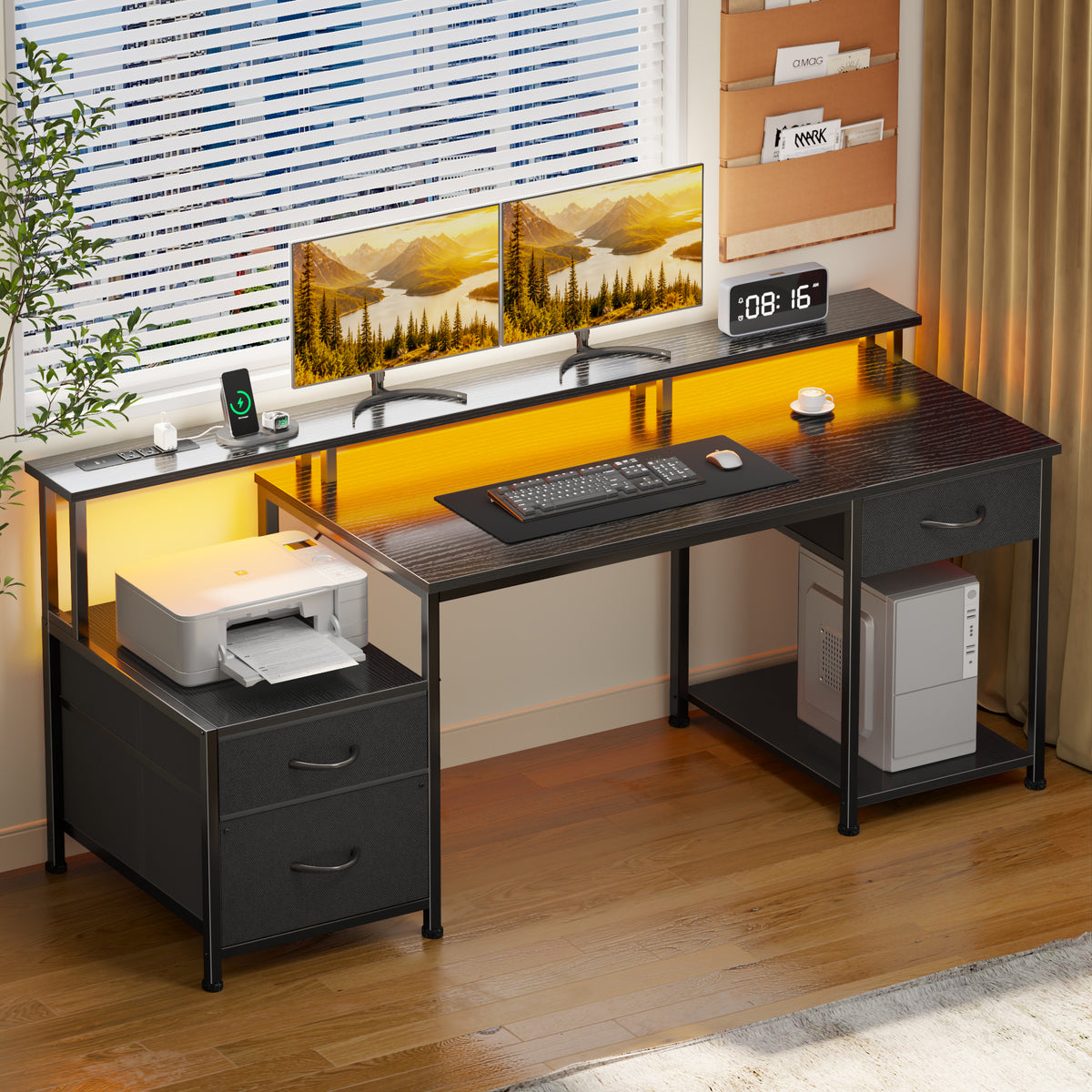 Satifur 55 Inch Computer Desk with Power Outlet (3 AC+1 USB+1 Type-C), LED Lights, Monitor Stand, CPU Rack & 3 Drawers, Black