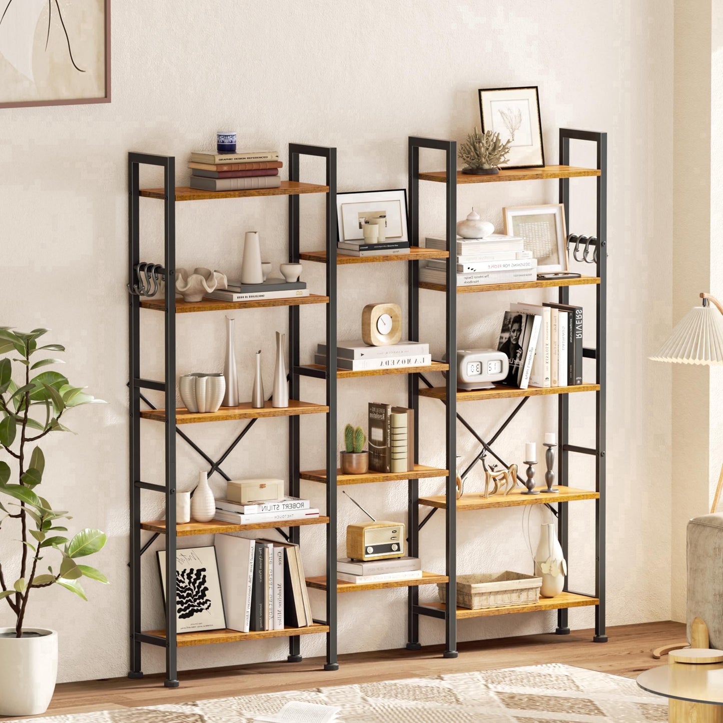 Satifur 61" Tall Bookcase, 5 Tier Large Bookcase with Waterproof Wood Shelves, Heavy Duty Metal Frame with X-Brace, Anti-Falling Design, Vintage Industrial Storage Rack