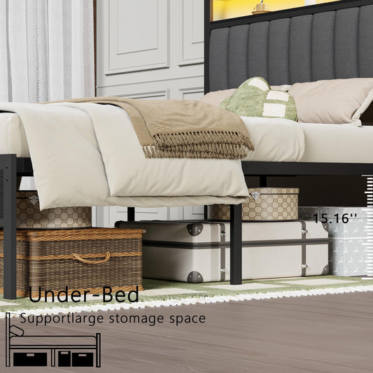 Tydimor Electric Full Size Platforrm Bed Frames with Charging Station, LED Standard Storage Space Bed for Bedroom, No Box Spring Needed