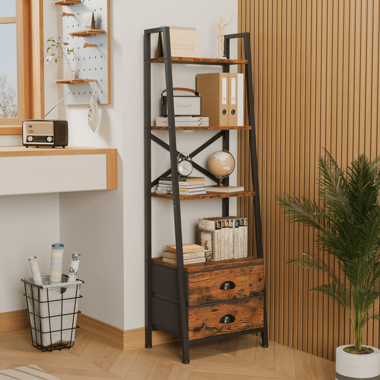 Tydimor 4-Tier 52"H Industrial Bookshelf with 2 Removable Drawers Narrow Bookcase for Living Room,Rustic Brown
