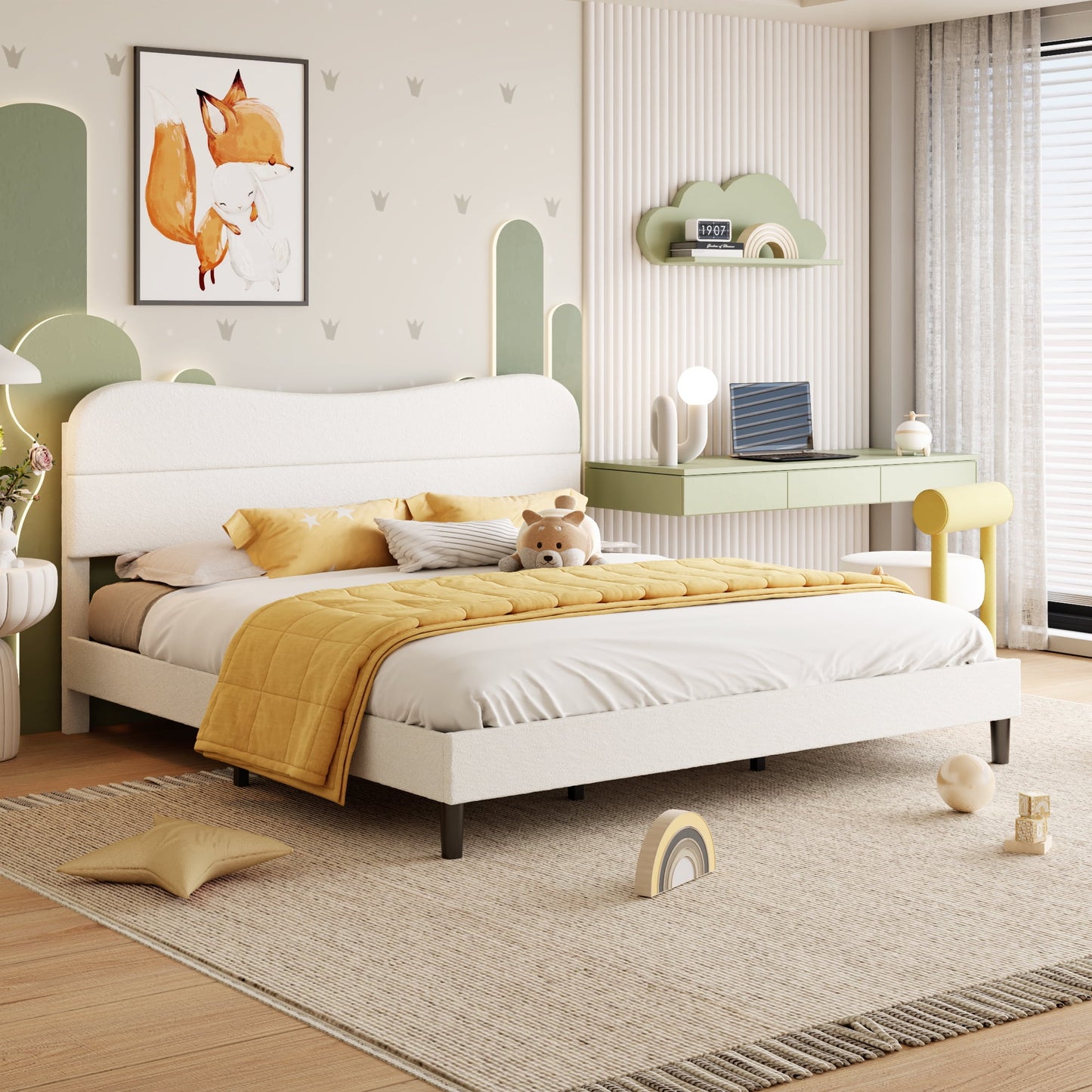 Satifur King Bed Frame with Teddy Velvet Soft Curved Headboard, Platform Bed with Wooden Slats Support, Easy Assembly, Noise-Free, White
