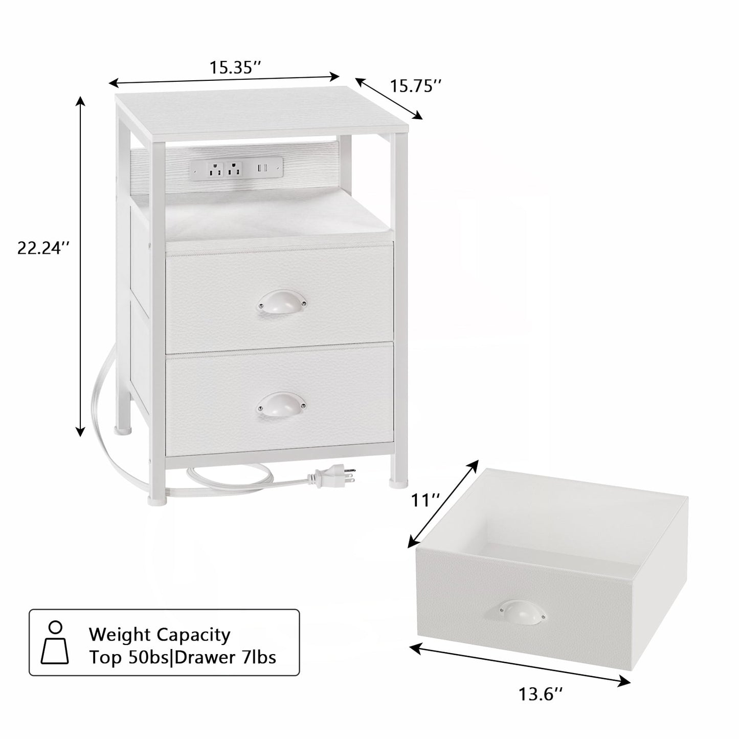 Satifur Night Stand Set of 2 with Charging Station,LED Nightstand with Fabric Drawers Bed Side Table,White
