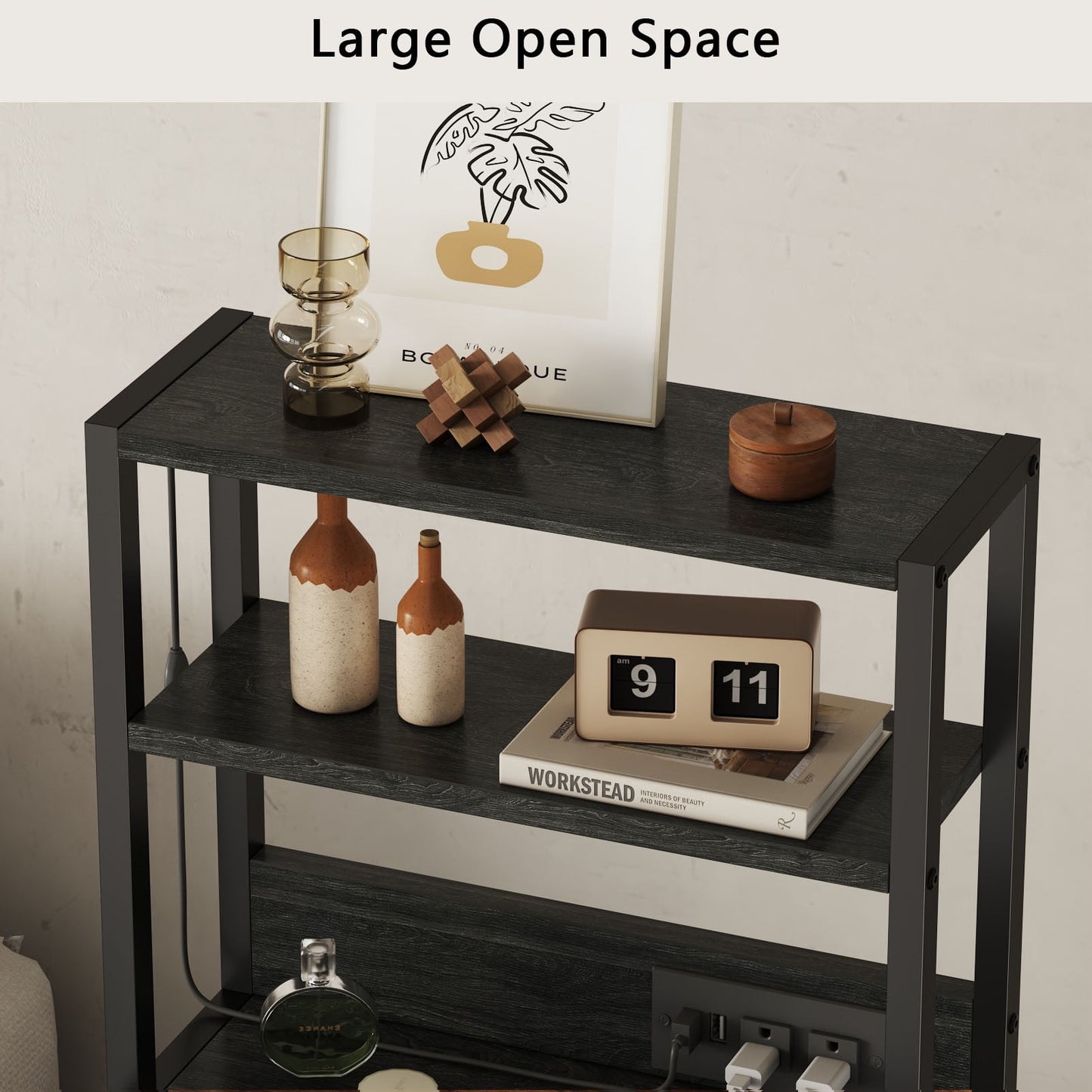 Satifur Tall Nightstand with Charging Station and LED Lights, Bedside Table with Bookshelf,3 Fabric Drawers, Black Oak
