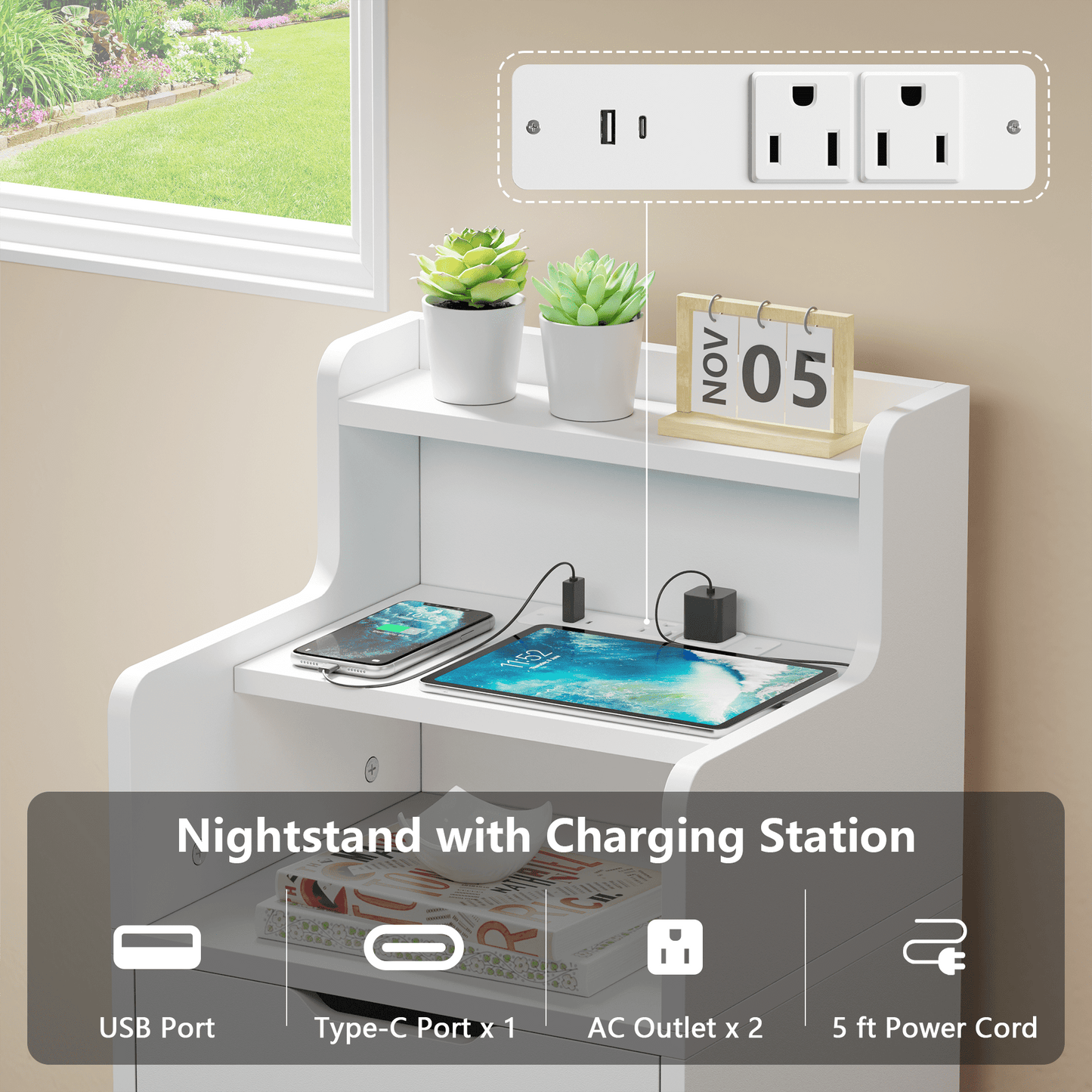 Satifur White Nightstand with Charging Station,LED Nightstand with 2 Drawers Bed Side Table,White