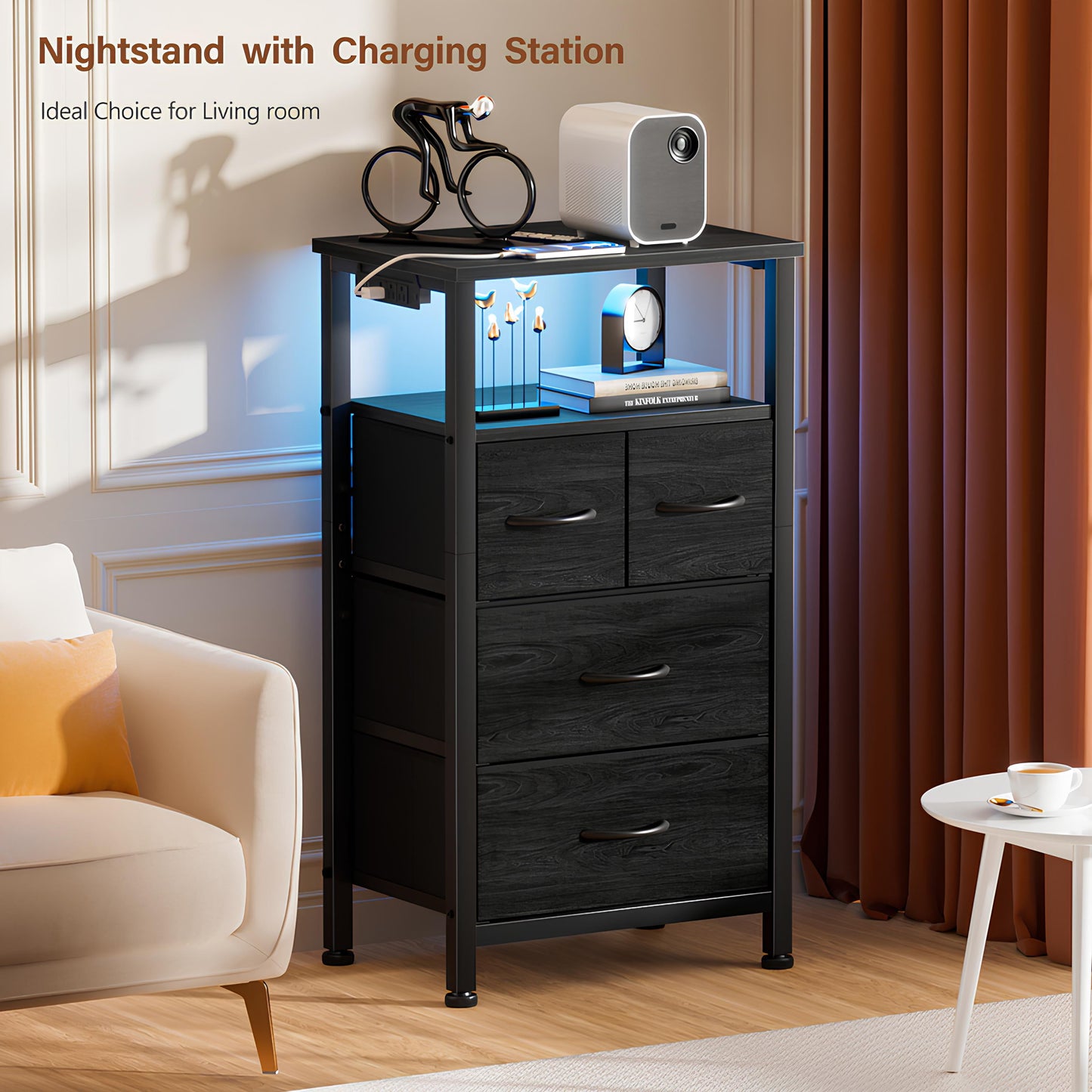 TYDIMOR 4 Drawer Dresser,Small Dresser with Charging Station and LED, Black, for Bedroom and Living Room