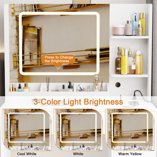 Satifur White Vanity Desk Set with Mirror and Lights, Makeup Table with Charging Station, Comfortable Bench, Big Vanity with 3 Storage Compartments, 39.4in