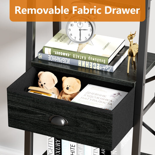 Tydimor 5-Tier 59.5" Ladder Bookshelf with Removable Drawers Narrow Bookcase for Living Room,Black Oak