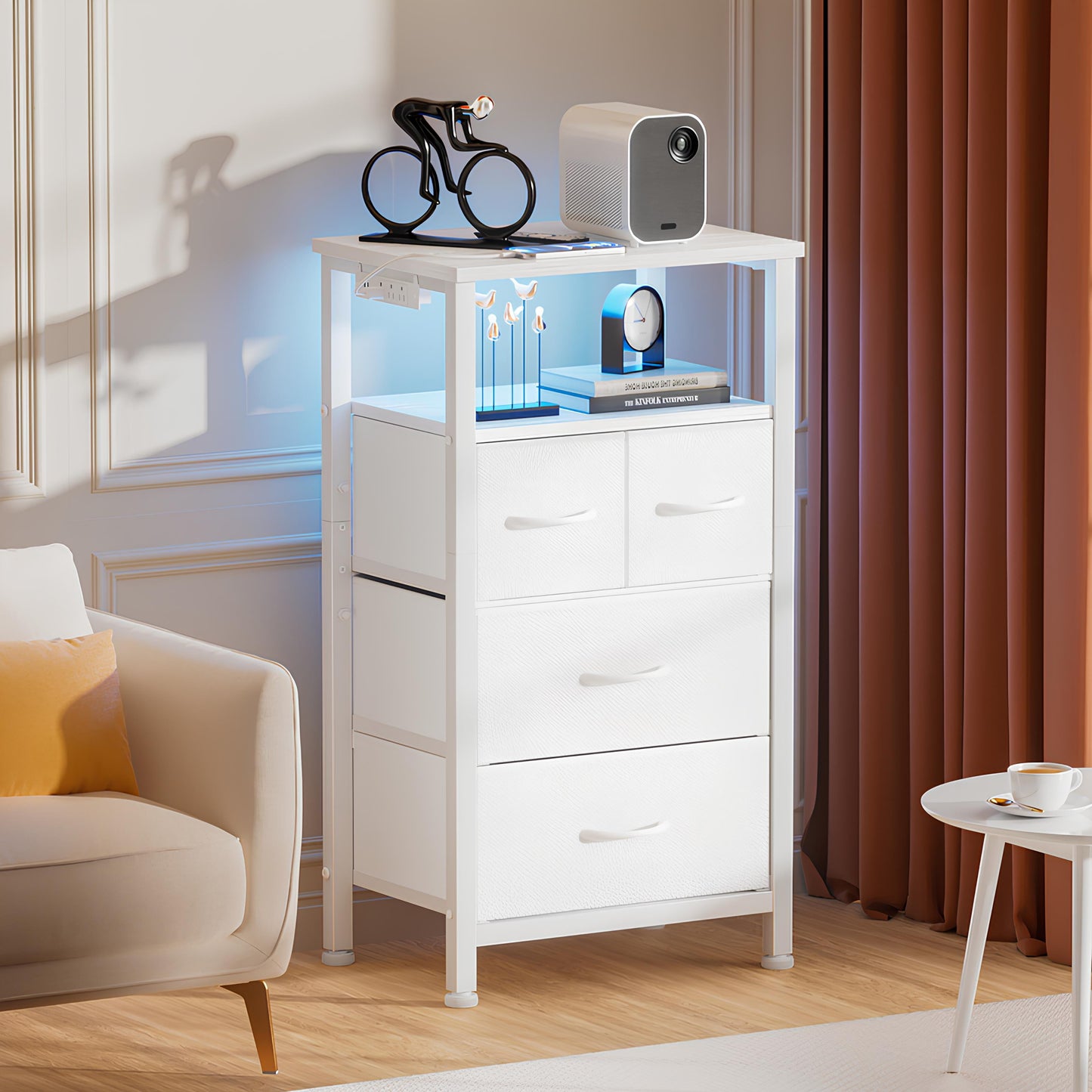 TYDIMOR 4 Drawer Dresser,Small Dresser with Charging Station and LED, White, for Bedroom and Living Room
