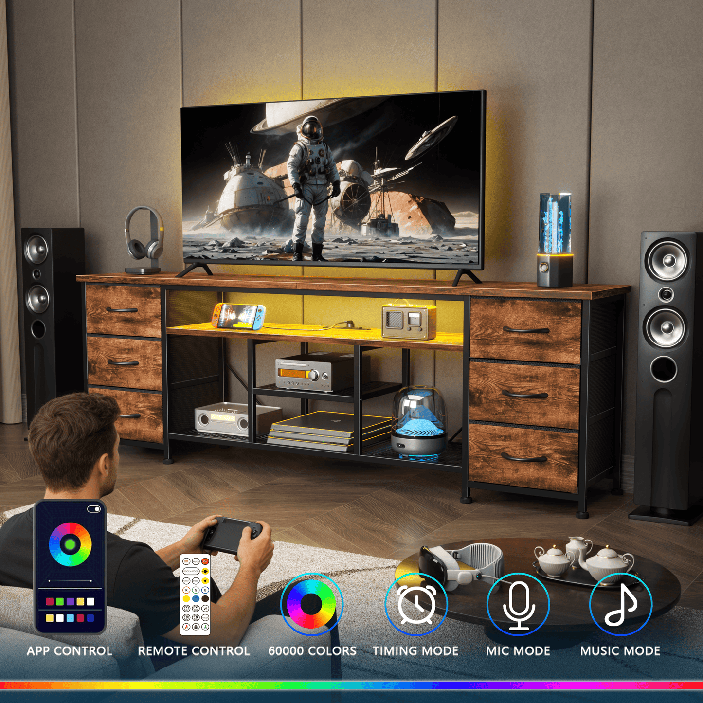 Tydimor Modern TV Stand for 75-80 inch TVs, LED Entertainment Center with Power Outlets and 6 Drawers, Media Console with Storage for Living Room, Rustic Brown
