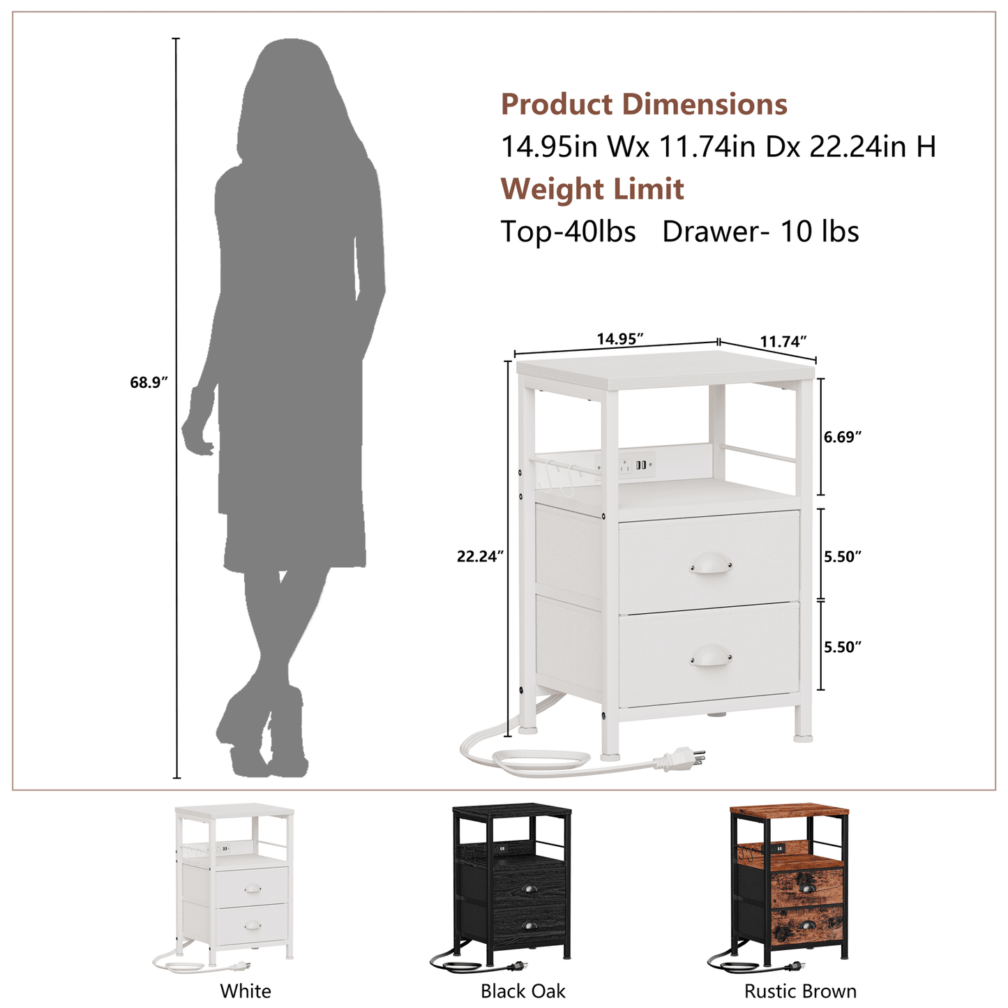 Satifur Nightstand with Charging Station, Bedside End Table with Fabric Drawers,Outlets & USB Ports, White