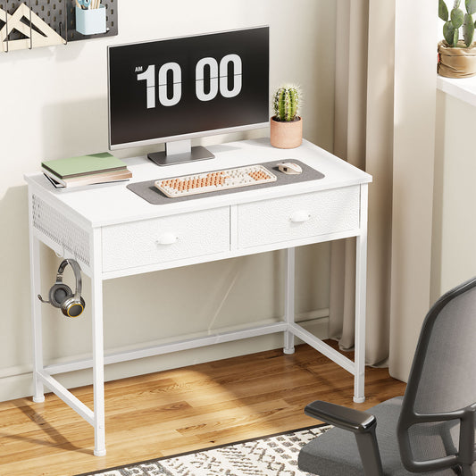 Satifur White Writing Desk with Drawers & Hooks, 34" Computer Desk with 2 Fabric Drawers