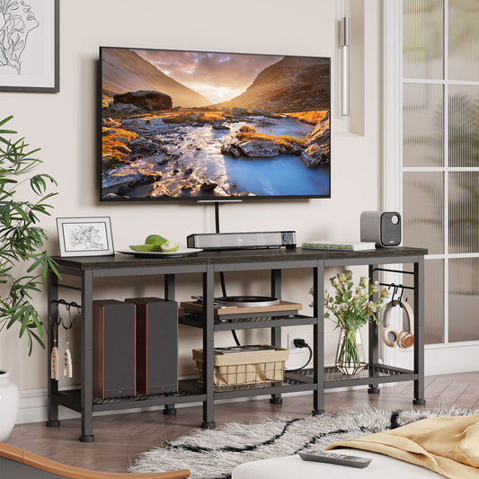 Tydimor Vintage TV Stand for TVs up to 55" TVs with Open Storage Shelves Metal Frame, Light Black OAk