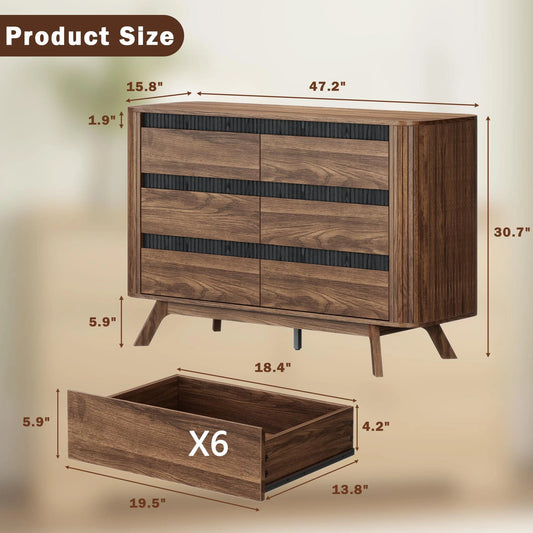 Satifur 47.2″ Wide 6-Drawer Wood Dresser, for Bedroom Storage & as TV Stand, American Walnut