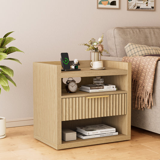 Satifur Modern Fluted Nightstand with Charging Station Storage Drawer, End Table with Open Shelf