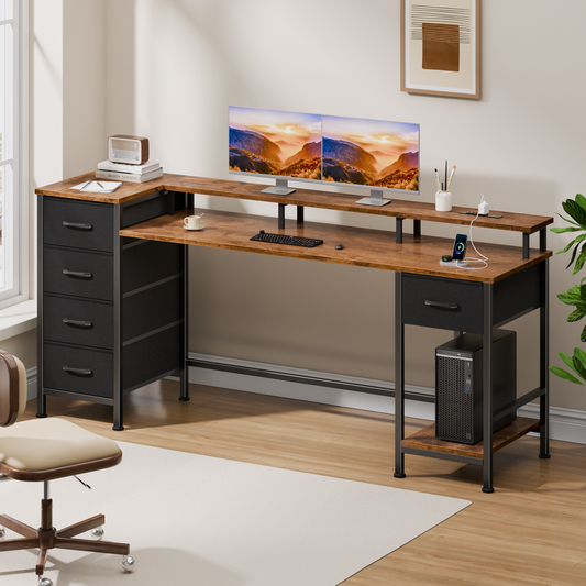 Satifur Gaming Desk with LED Lights & Power Outlets, 61" Computer Desk with 5 Fabric Drawers & Open Storage, Reversible Home Office Desk,Retro Brown