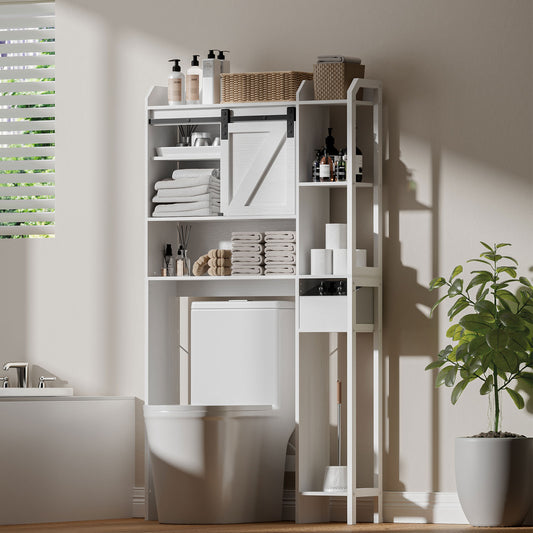 Satifur Over The Toilet Storage Cabinet, Bathroom Space Saver with Sliding Barn Door, 6-Tier Freestanding Bathroom Shelf Farmhouse Organizer, White