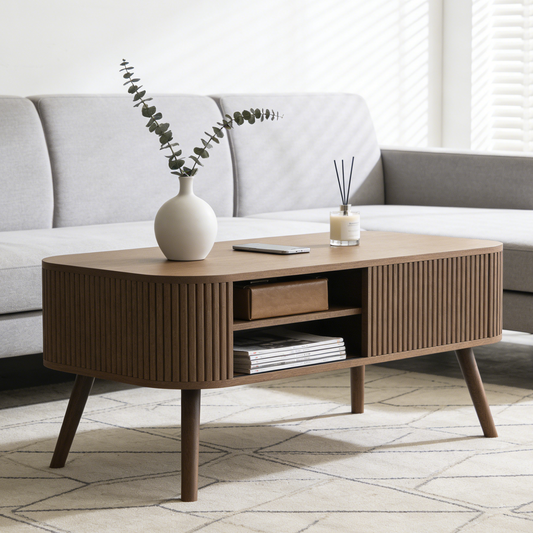 Iezza Oblong Walnut Coffee Table with Sliding Tambour Doors, 39.37" Mid-Century Modern Oval Coffee Table with Double-Layer Storage Shelves for Living Room Home Office Apartment
