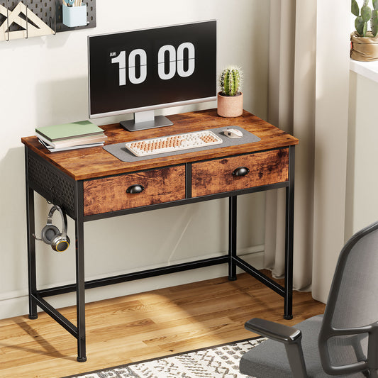 Satifur Computer Desk with Drawers & Hooks, 34" Writing Desk with 2 Fabric Drawers for Bedroom, Rustic Brown