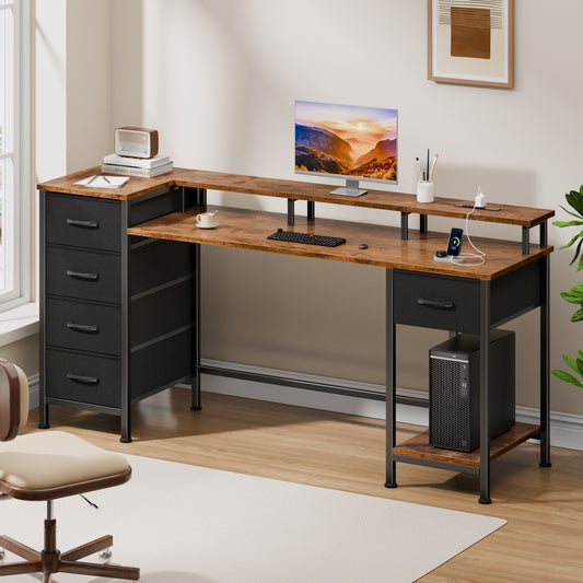 Satifur Gaming Desk with LED Lights & Power Outlets, 55" Computer Desk with 5 Fabric Drawers & Open Storage, Reversible Home Office Desk,retro Brown