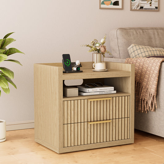 Satifur Modern Fluted Nightstand with Charging Station & 2 Storage Drawer for Bedroom