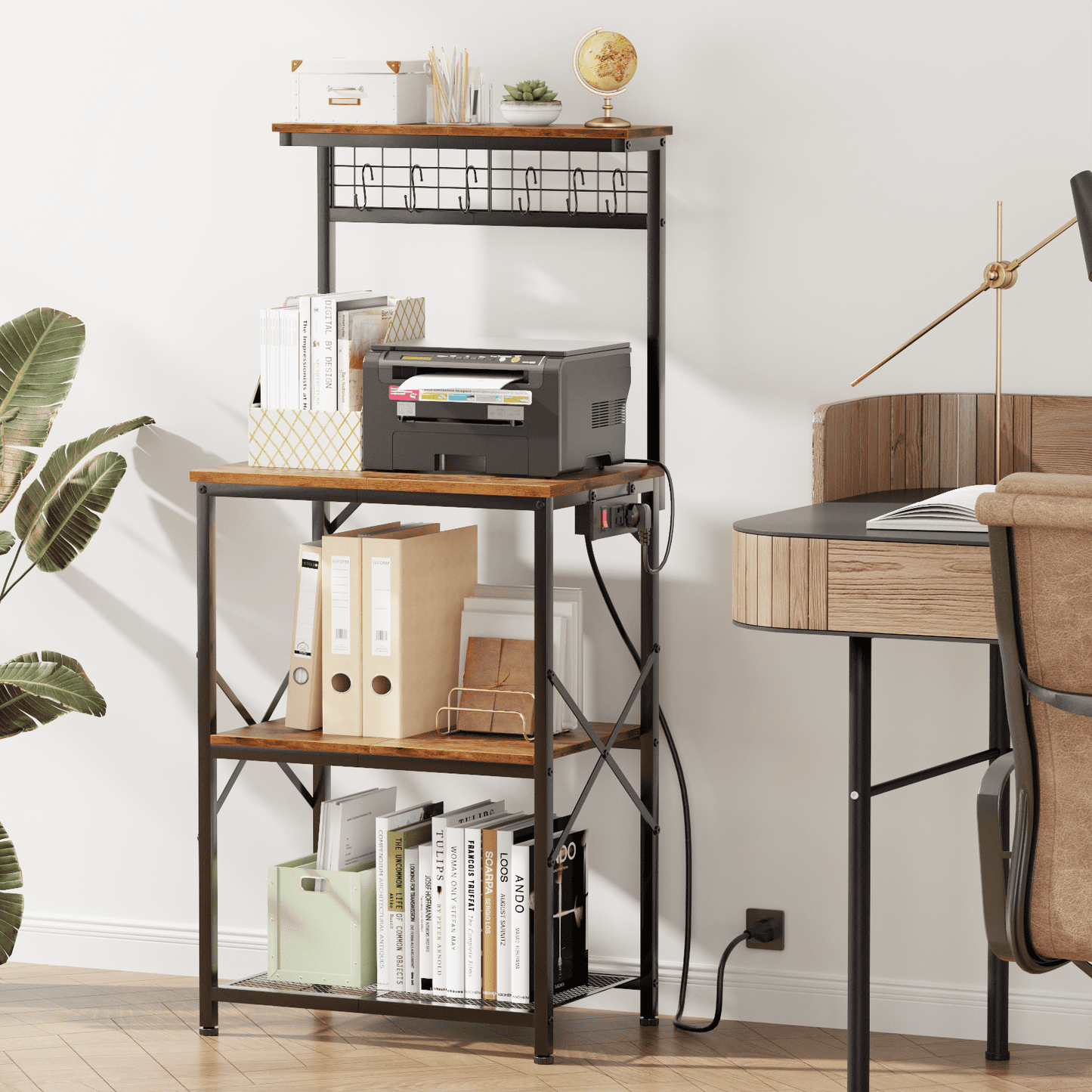 TYDIMOR Kitchen Bakers Rack with Outlets, Coffee Bar Table 4 Tiers Microwave Stand, Brown