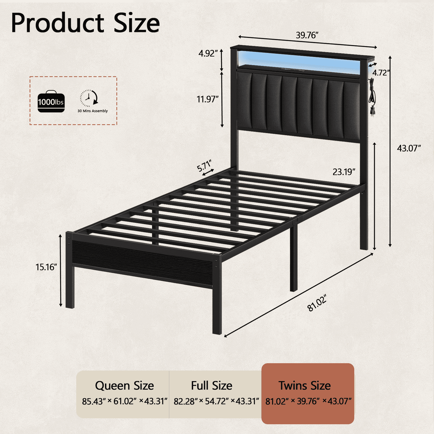 Satifur Twin LED Bed Frame with Smart RGB Lights, Headboard Charging Station, Versatile Storage Solution, Comfortable Upholstered Backrest, No Box Spring Needed