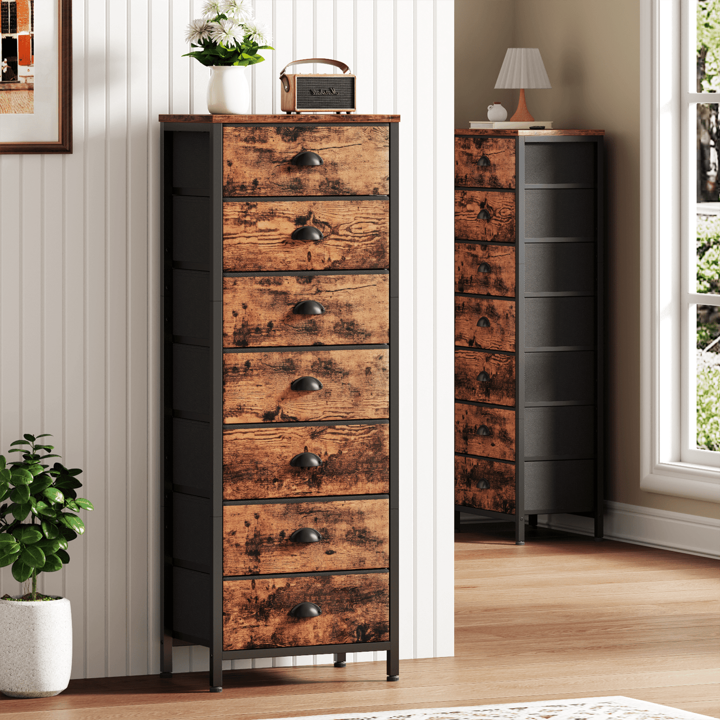 Tydimor 7-Drawer Tall Dresser Bedside Fabric Nightstand with Storage,Rustic Brown