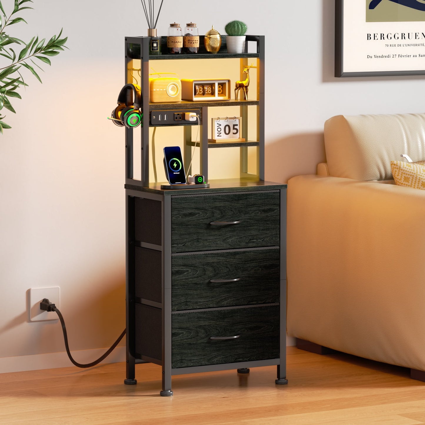 Satifur Tall Nightstand with Charging Station and LED Lights, Bedside Table with Drawers and Bookshelf, Black