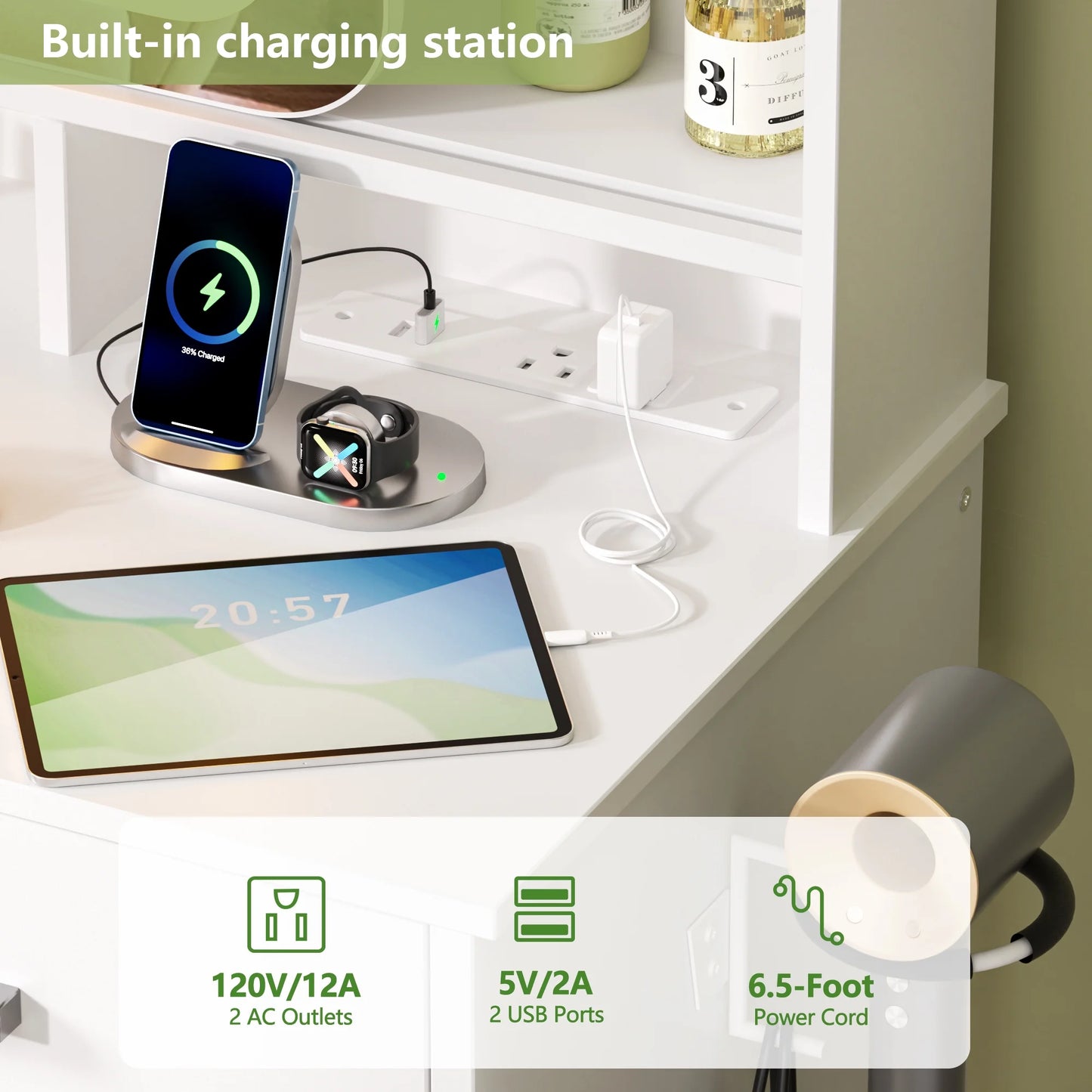 Tydimor Vanity Set with Sliding Mirror & Lights, Women Dressing Table with Outlets, Makeup Vanity Desk with Drawers & Stool