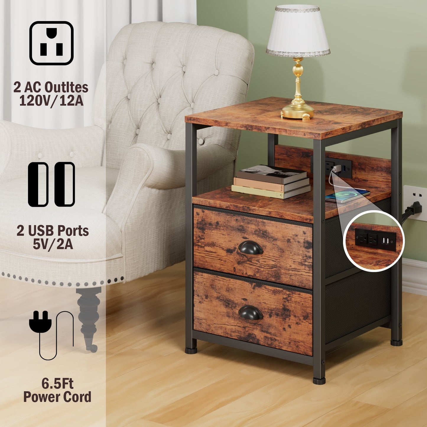 Satifur Nightstand Set of 2, Side End Table with Charging Station, 2 Drawers, Rustic Brown