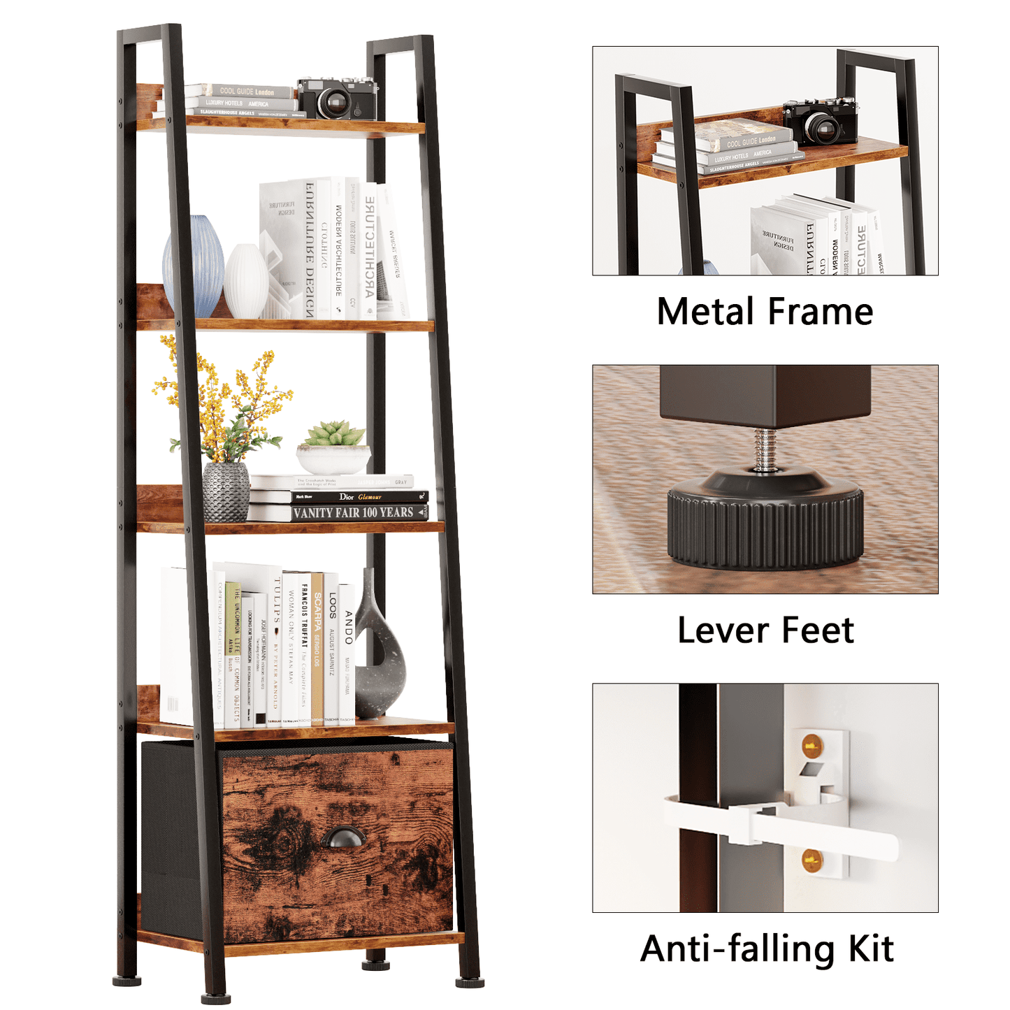 Tydimor 5-Tier Ladder Bookshelf With Drawer, Leaning Bookcase Storage Display Shelf,Rustic Brown