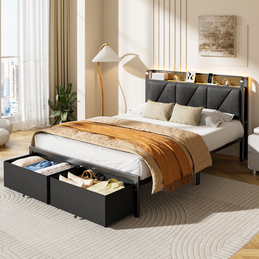 Satifur Full Bed Frame with 2 Storage Drawers and Upholstered Storage Headboard, Metal Platform Bed with Charging Station & LED, Noise-Free, No Box Spring Needed, Dark Grey & Black