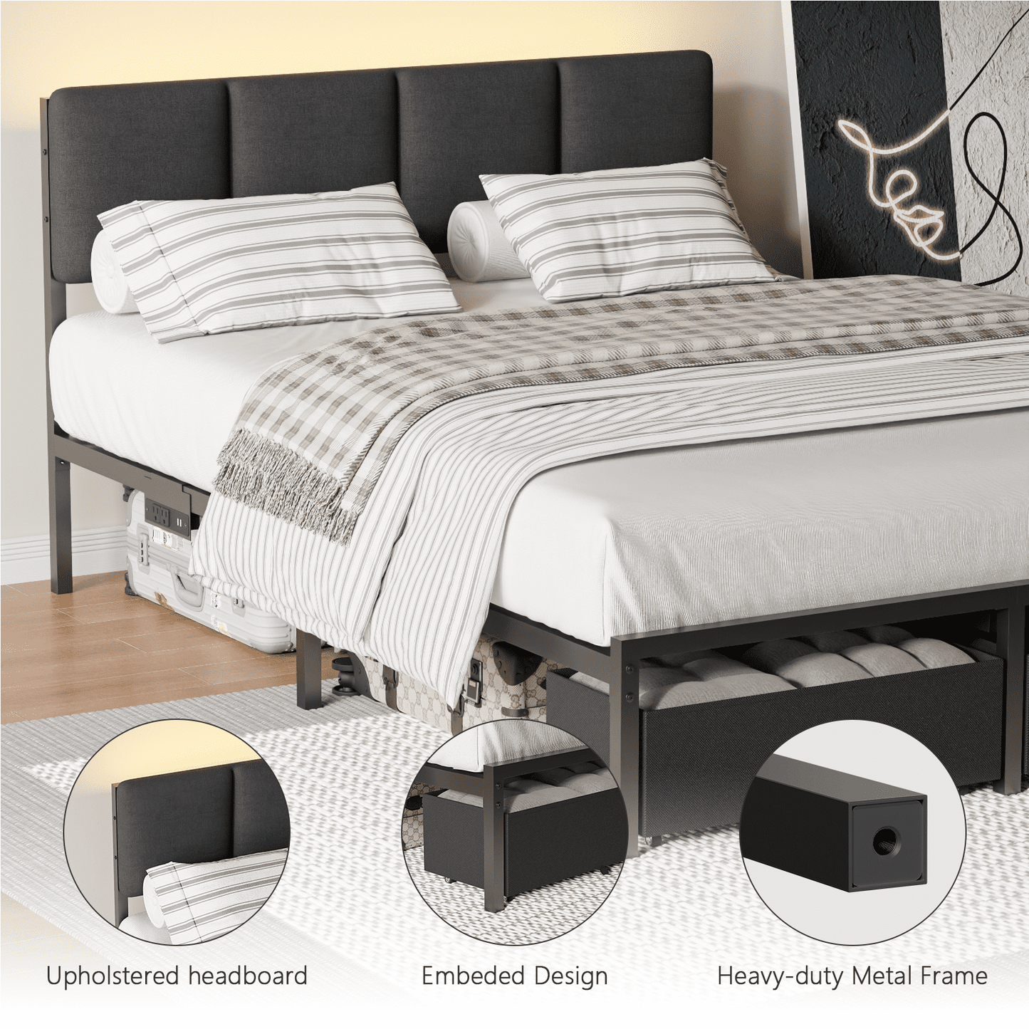 Tydimor Full Bed Frame with 2 Drawers & 2 USB Ports and Outlets, No Box Spring Needed