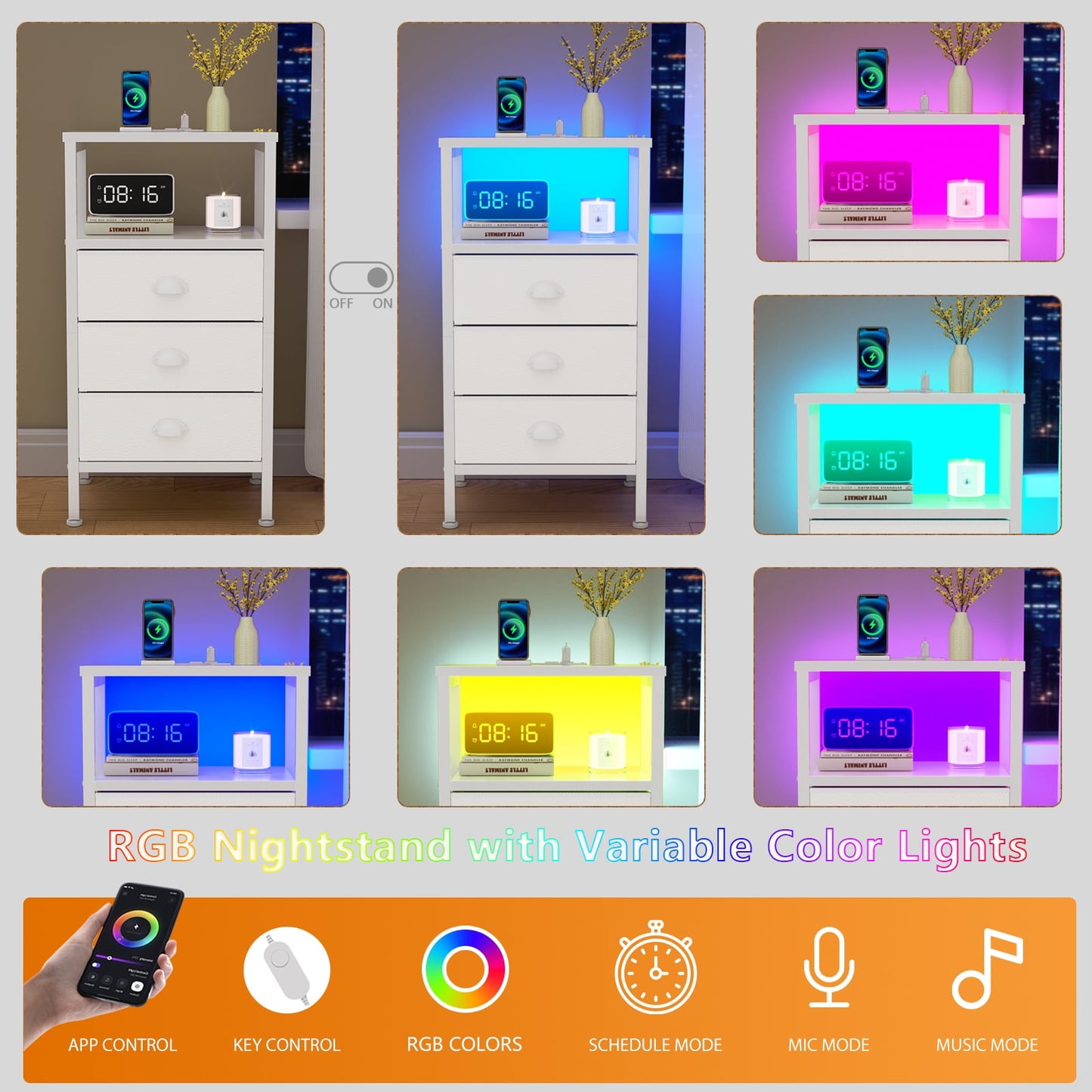 Satifur Night Stand with Charging Station,LED Nightstand with USB Ports and Outlets,Fabric Drawers Bed Side Table,White