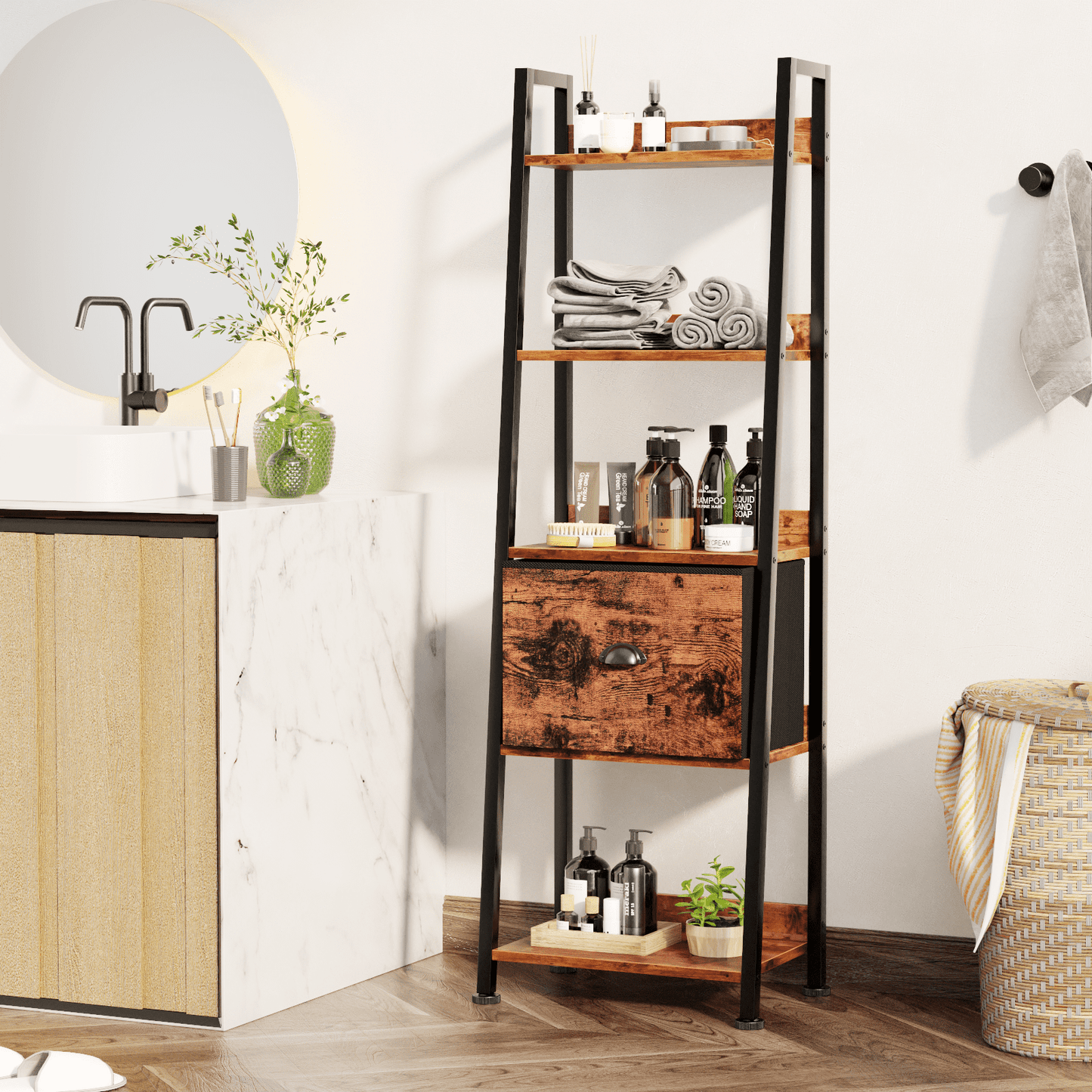 Tydimor 5-Tier Ladder Bookshelf With Drawer, Leaning Bookcase Storage Display Shelf,Rustic Brown