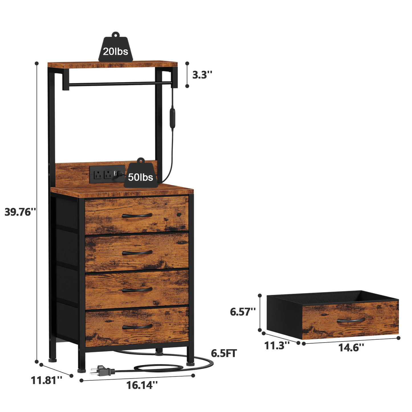 Satifur Tall Nightstand with Charging Station and Drawers, Bedside Table with 4 Fabric Drawers, LED Lights, and 2 Storage Shelves, Rustic Brown