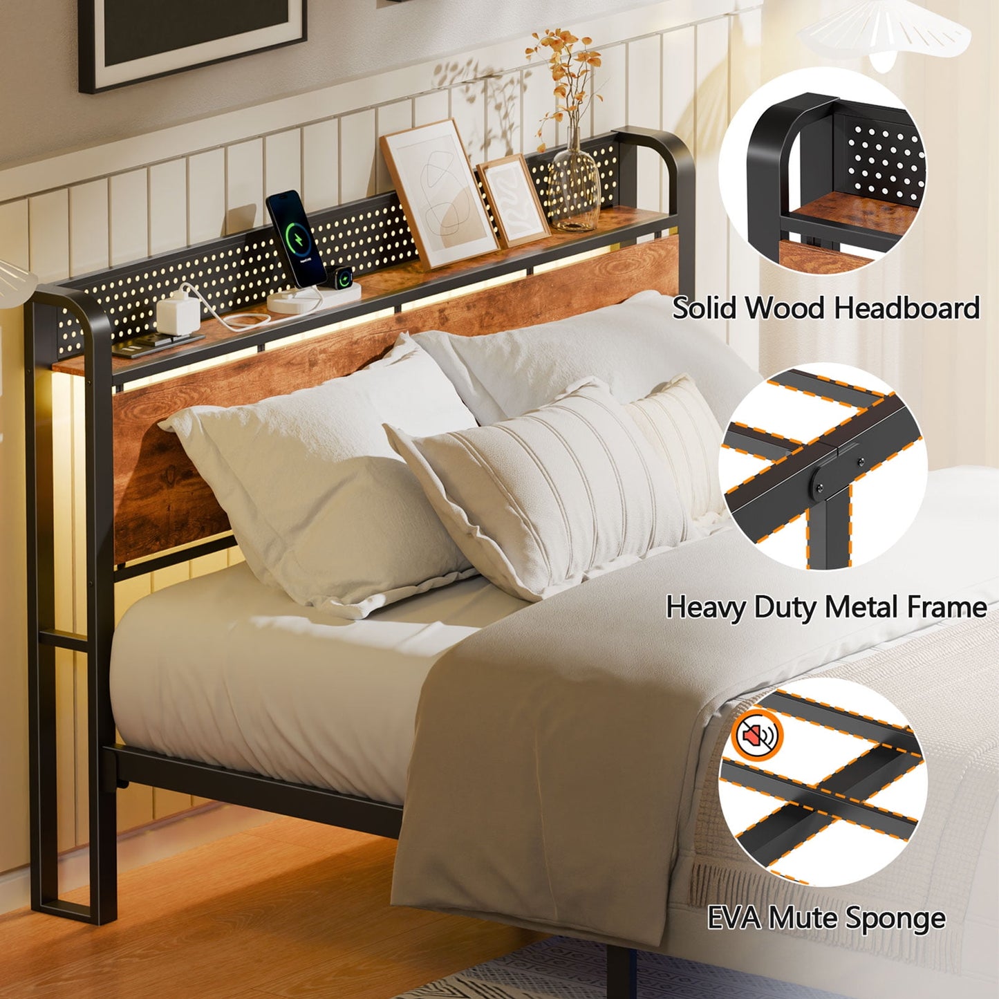 Satifur LED Bed Frame Queen Size with 2 USB Ports and Outlets, Platform Metal Bed Frame, No Box Spring Needed, Noise-Free