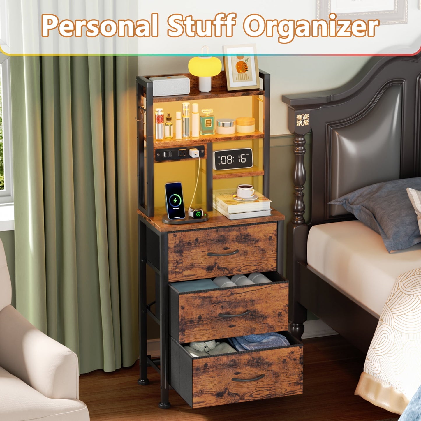 Satifur Tall Nightstand with Charging Station and LED Lights, Bedside Table with Drawers and Bookshelf, Rustic Brown