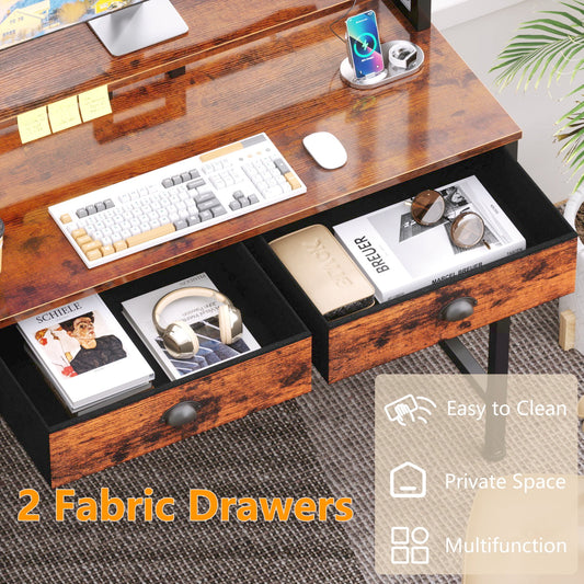 Satifur Computer Desk with Charging Station & LED Lights, Gaming Desk with Drawers & Shelves, Rustic Brown