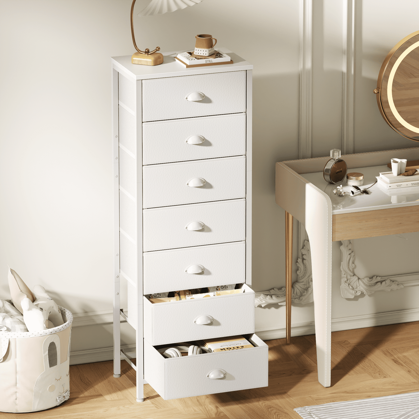 Tydimor 7-Drawer Tall Dresser Bedside Fabric Nightstand with Storage,White
